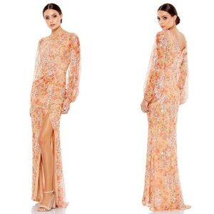 Mac Duggal Bishop Sleeve Column Sequin Formal Gown Size 10 Peach Apricot Floral